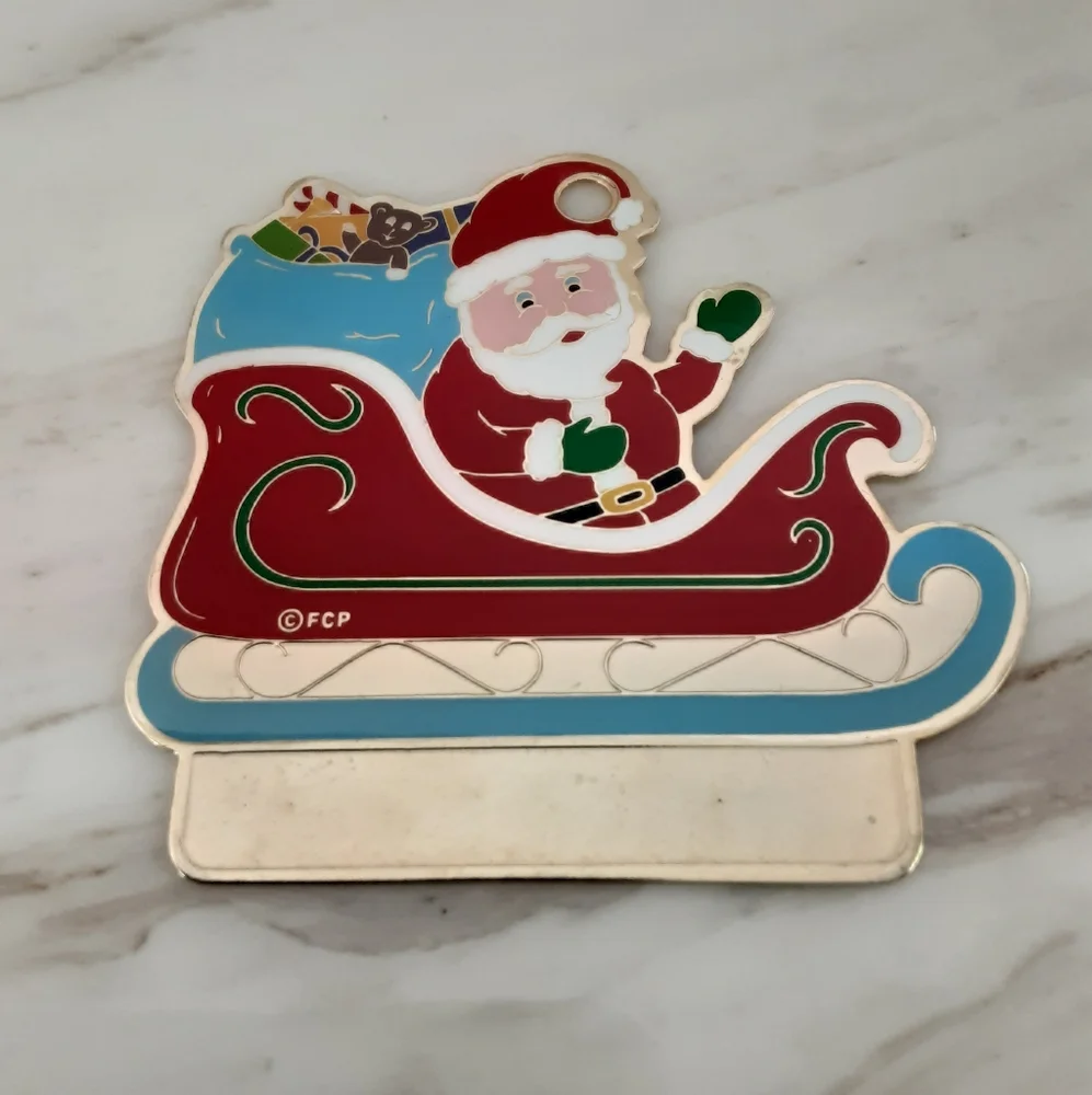 Vintage FCP Flat Metal Enamel Gold Tone Hanging Christmas Ornaments